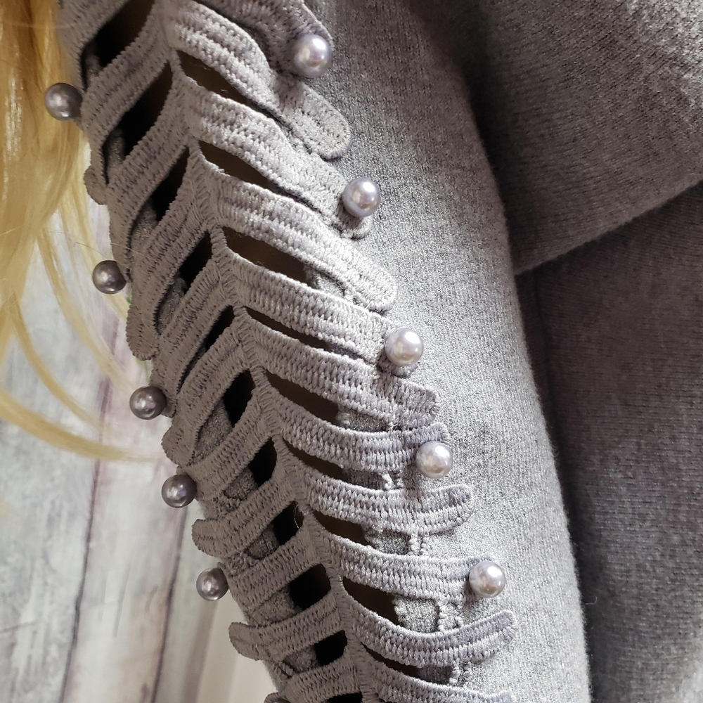 Anthro Ember Gray Sweater with Embroidered Cut Outs & Pearls Sleeve - Picture 3 of 12